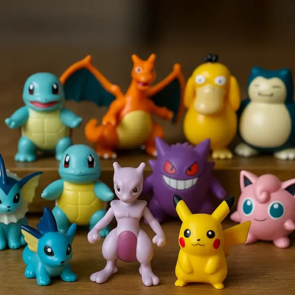 Collection de figurines Pokémon vintage de 1999 avec Pikachu, Dracaufeu et Mewtwo alignés sur une table en bois