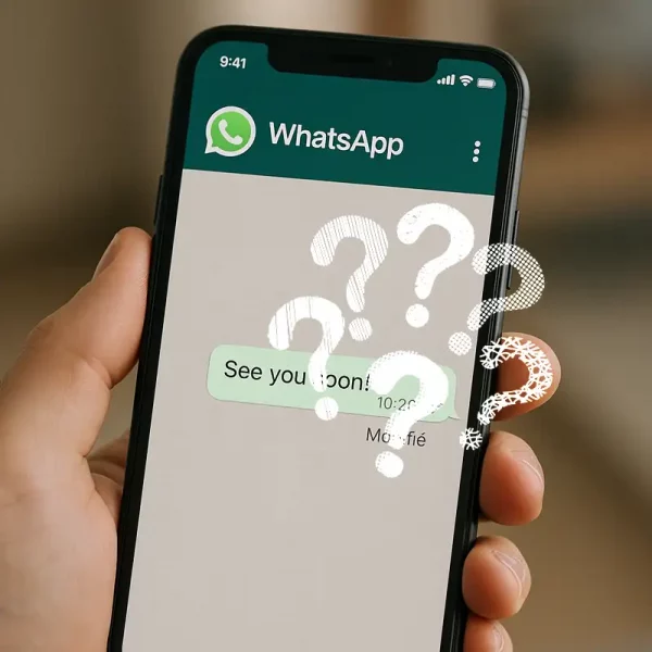 Un utilisateur tient son smartphone affichant un message WhatsApp corrigé avec la mention Modifié